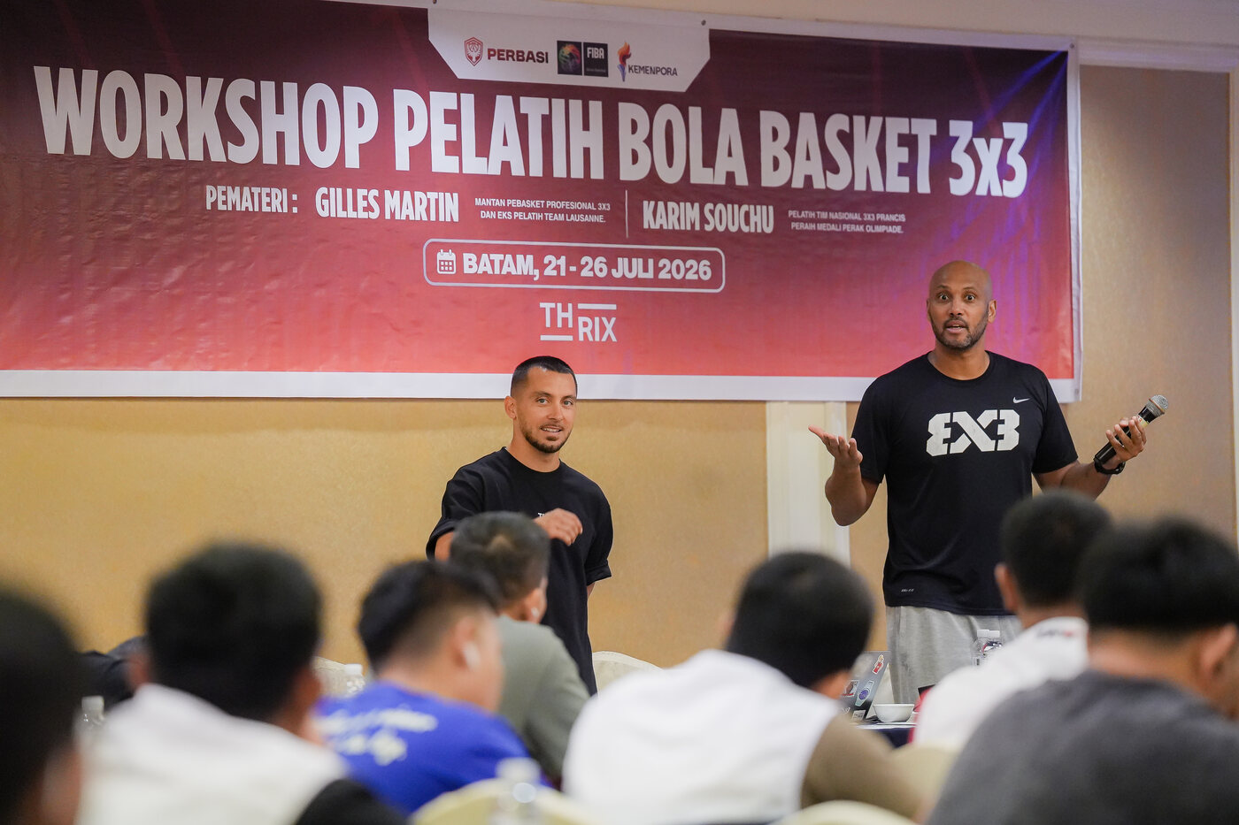 THRIX 3x3 Coaching Clinic banner in Batam with Perbasi, FIBA and Kemenpora
